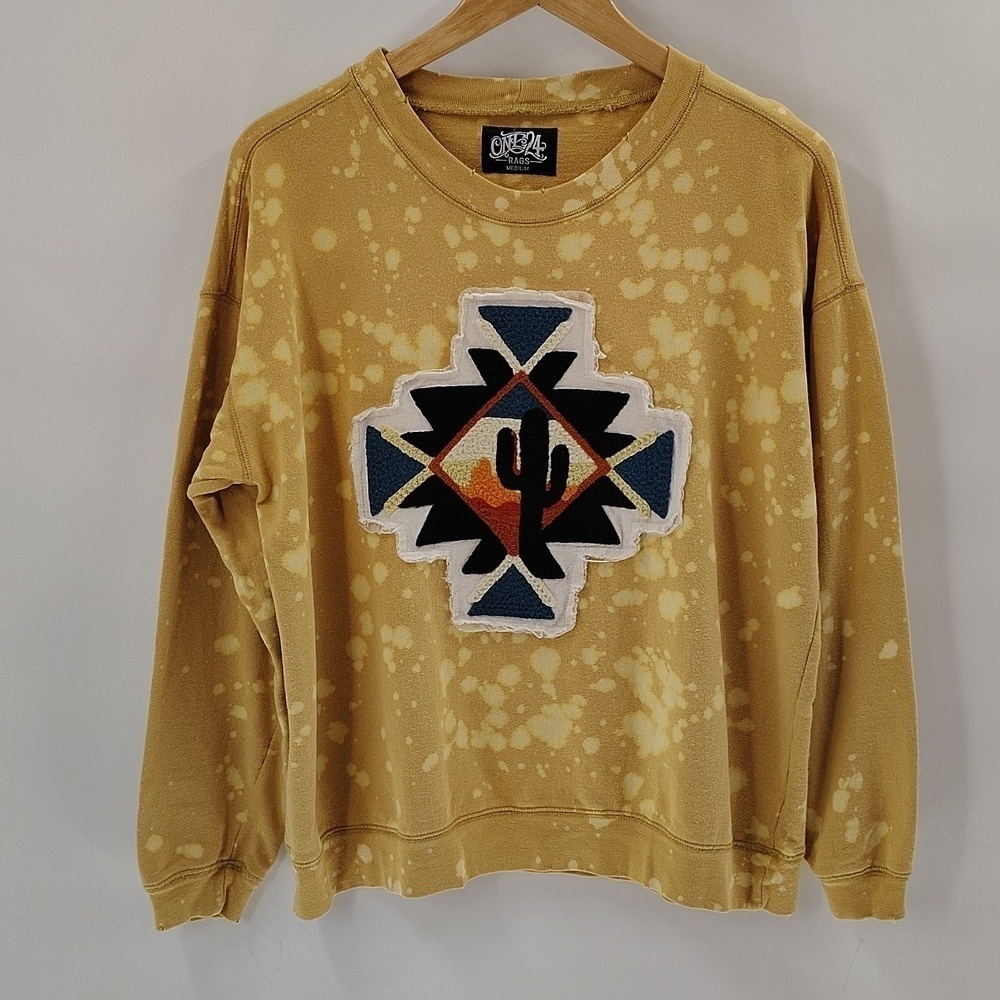 One24 Rags Western Graphic Crew neck Size Medium Bleach Dyed Yellow